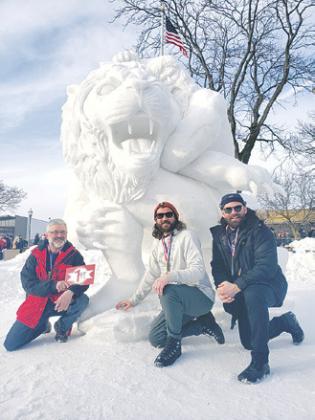 Team North Dakota won first place in the U.S. National Snow Sculpting Championship in Lake Geneva, Wisc. Pictured are Jay Ray, Mike Nelson, and Langdon native Josh Zeis. The trio also earned first place honors in the People’s Choice Awards for their sculpture 'The Nemean Lion.' Photo courtesy Jay Ray.
