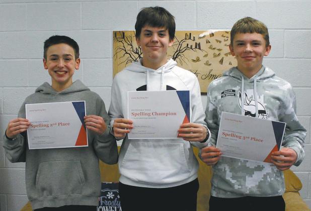 Spelling Bee winners: (L to R) Rylan Nord- 2nd Place, Gavin Cole Champion, Shawn Patterson- 3rd Place Photo by Jamie Rarick