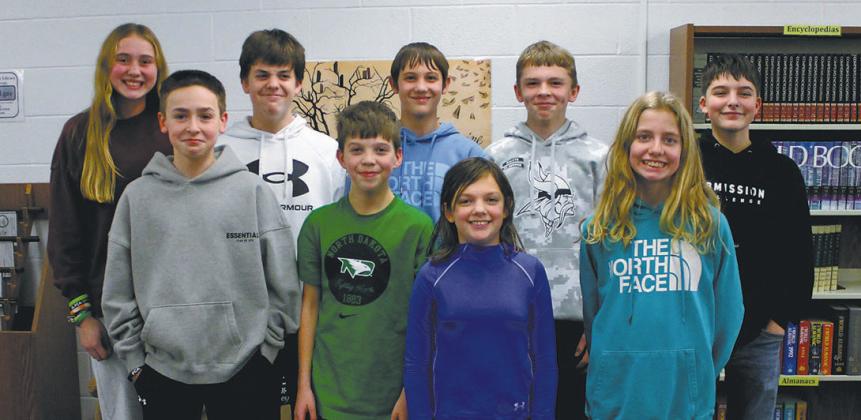 Spelling Bee contestants: (Back row L to R) Reegan Aasand, Gavin Cole, Braden Berg, Shawn Patterson, Levi Detwiler (Front Row L to R) Rylan Nord, Nicholas Passa, LeAnn Borgen, Ruthie Rarick Photo by Jamie Rarick