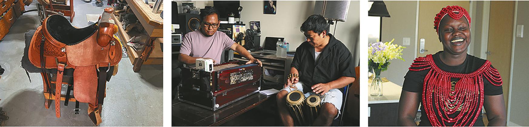 L to R: Saddle by apprentice Lavy Steiner, rural Belfield, ND; Bhutanese music with Damber Subba and apprentice Shabir Rai, Fargo; Master of Ma’di beadwork, Janee Kareyo, Grand Forks, ND