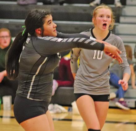 Emily Gonzalez bumps the ball from the back row in last Thursday’s match up against the Tommies. VNV Photo by Lesa Van Camp