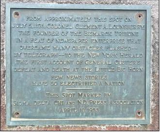 A monument dedicated in 1953 marks the approximate spot of the telegraph office from which the first news report of the Battle of the Little Bighorn was transmitted, in 1876. The monument sits along the east side fence of what was once the Bismarck train depot. Photo by Cecile Wehrman