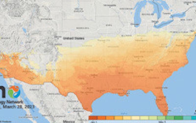As of March 28, this map indicates the progression of spring as shown by the first leaf spring index. (Photo by USA National Phenology Network)