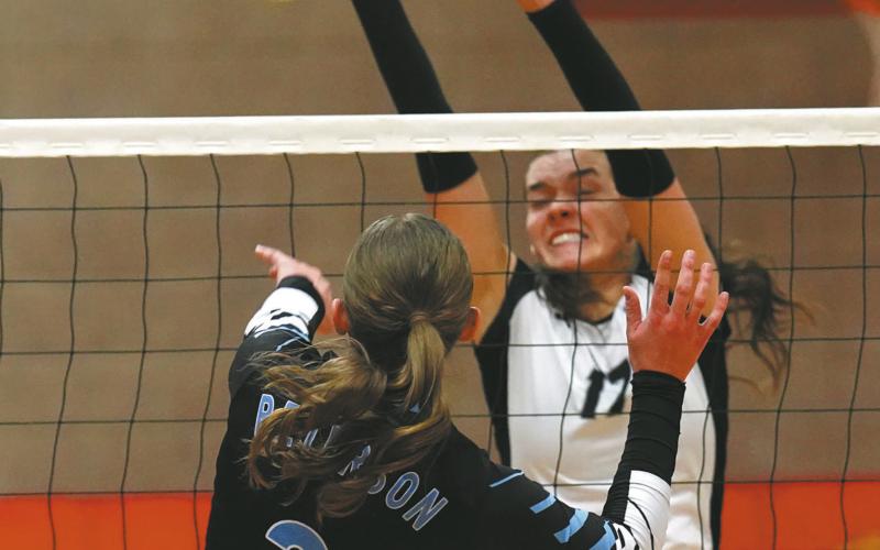 Senior Elizabeth Fedje goes for the block. Photo by Larry Stokke.