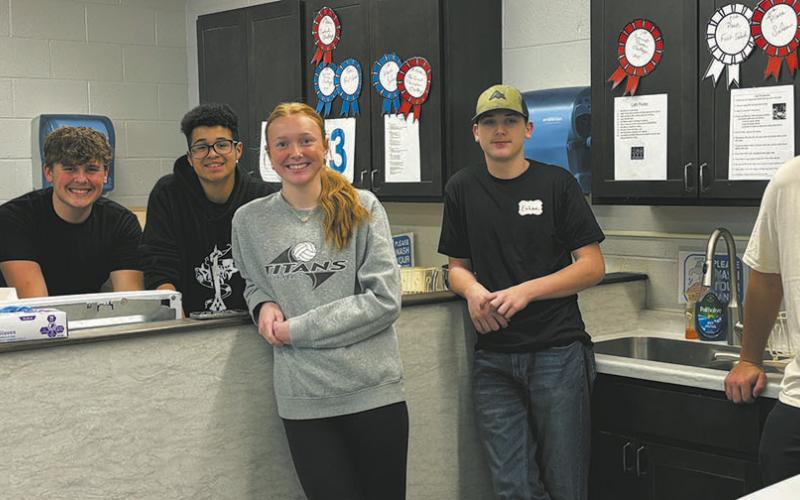 FCCLA students along side National Honor Society students served turkey sandwiches, two types of soup, chips, cookies and a drink from the FACS room. From left to right: Loki Sylskar, Ethan Lund, Jerimiah Johnson, Peyton Larson, Ethan Sherrill, and Daniel De Souza Photo by Andrea Johnston