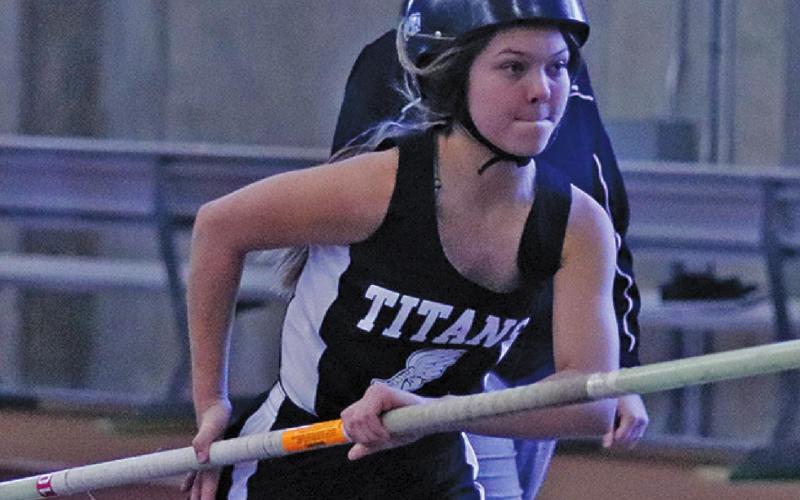 Brooke Gullickson makes her approach during the pole vault event at the Pembina County Indoor Track Meet in Grand Forks last Saturday afternoon. VNV Photo by Lesa Van Camp