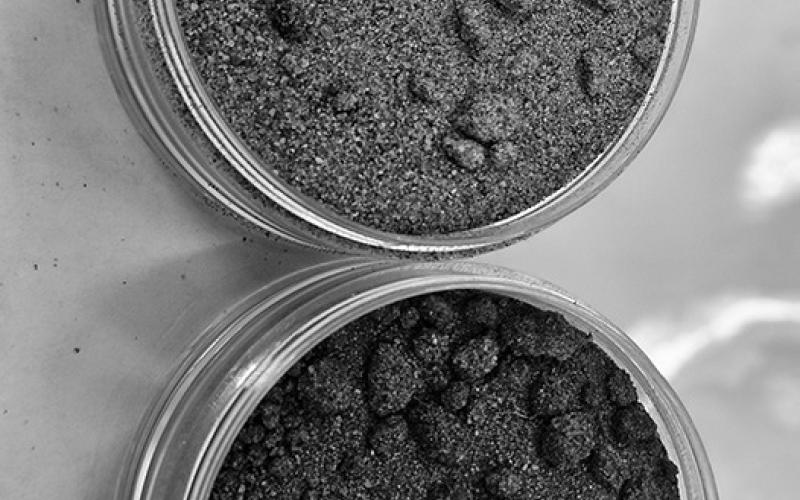 The above soil sample has less soil organic matter than the bottom soil sample due to management. (NDSU photo)
