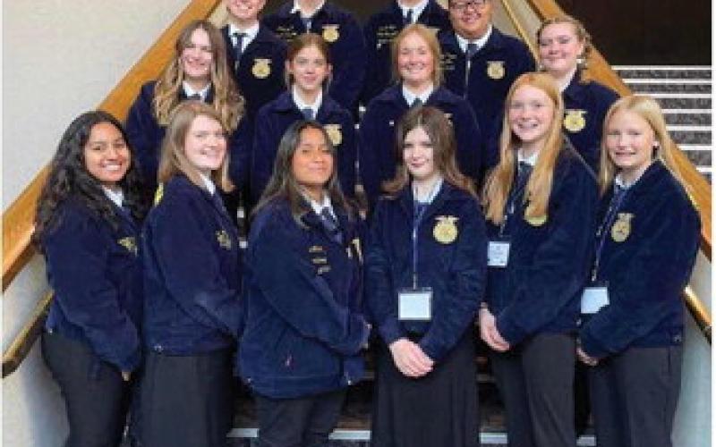 The group of Drayton, Grafton, and Minto students pose for a photo at the Bismarck Convention Center where their Fall Leardership Conference was held.