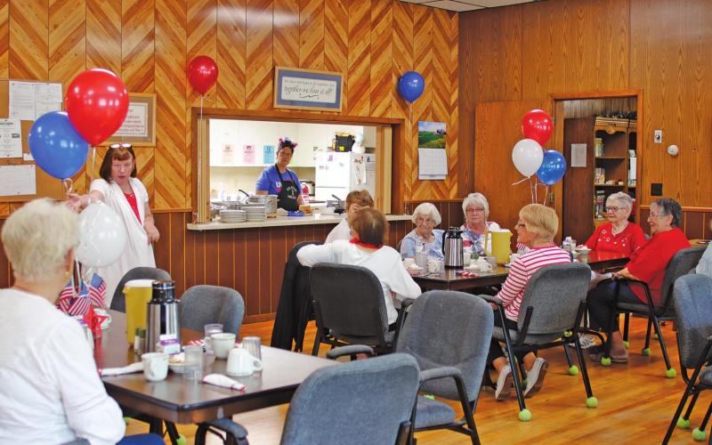 Congregate meal site for Drayton was decorated for the Fourth of July to celebrate the first day back in the building. VNV Photo by Lesa Van Camp