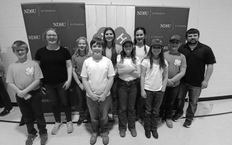 – Pembina County Agronomy Team Front Row l to r: Levi Norrell, Oscar Hunter, Olive Moore, Chloe Hunter. Back Row l to r: Coach Shana Norrell, Stella Norrell, Anja Schluchter, Naomi Stegman, Rylan Moore and Coach Brandon Breckheimer.. Submitted photo