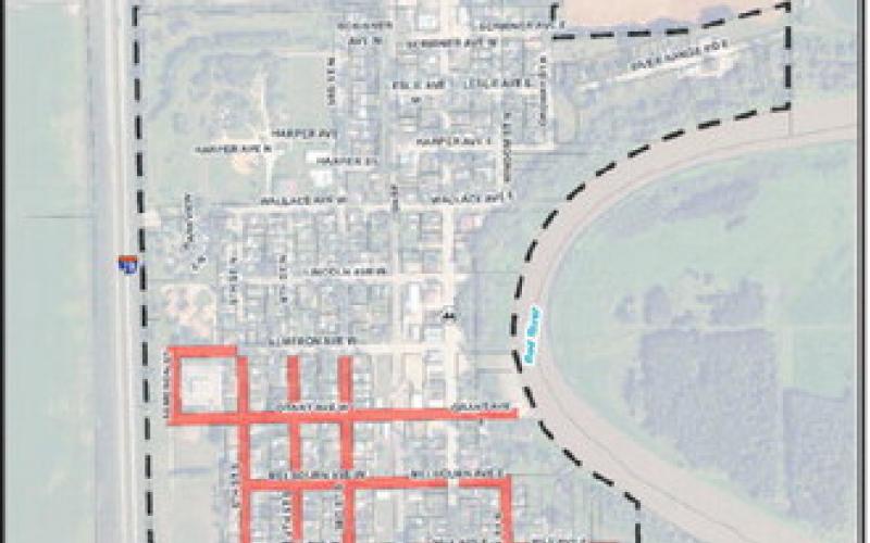 Phase one, shown in red is where the construction will begin. Phase two is the remaining streets and utilities underneath them with construction expected in 2027-2028. Phase three is the final phase and includes the sanitary sewer relining in the alleys. Photo courtesy of Moore Engineering