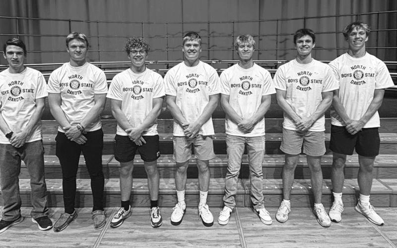 2024 Boys State Elected Officials Front row (L to R): Treasurer Joseph Gourde, Harwood; Agriculture Commissioner Andrew Zikmund, Park River, Lieutenant Governor Griffin Olson, Fargo; Governor Rhett Lindell, Park River; Secretary of State Jakoby Lewis, LaMoure; Attorney General Benjamin Guthmiller, Bismarck; Superintendent of Public Instruction Andrew Jean, Hankinson.