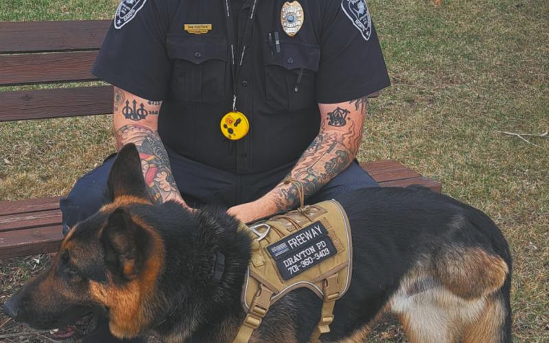 Freeway, back from training and on the job as Drayton’s Police Community Engagement Dog. Photo by Christine Jensen.
