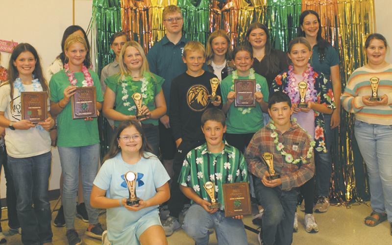 Front: (L-R) Aubrey Steele, Oscar Hunter, Colt Creau; middle row: Chloe Hunter, Stella Norrell, Bailey Samuelson, Kyle Johnson, Adlee Hay, Mallory Latozke, Astrid Helmeke; back row: Madalynn Steele, Naomi Stegman, Charles Midkiff, Chaz Halverson, Emersen Helgoe, Mylee Gapp, and Caroline Stegman.