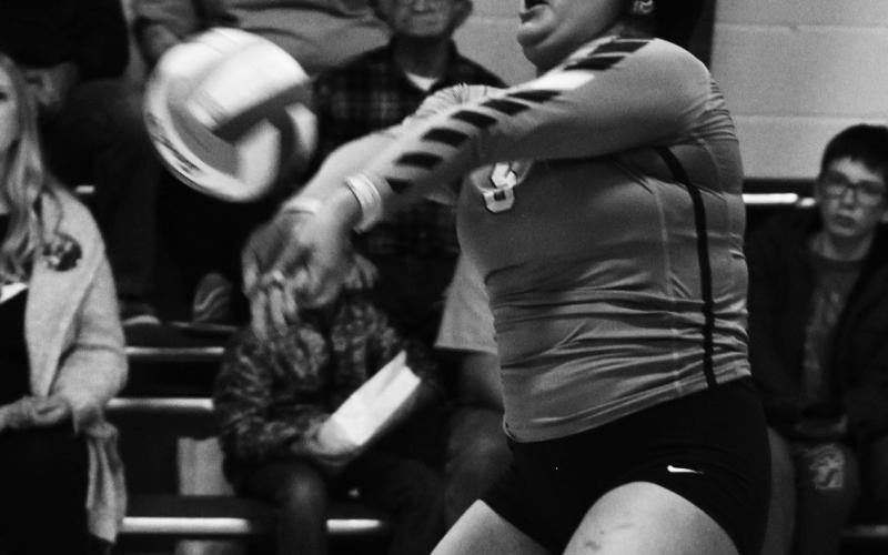Senior Emily Gonzalez gets one of her team leading nine digs in Friday's game at Pembina. Photo by Mike Alan Steinfeldt.