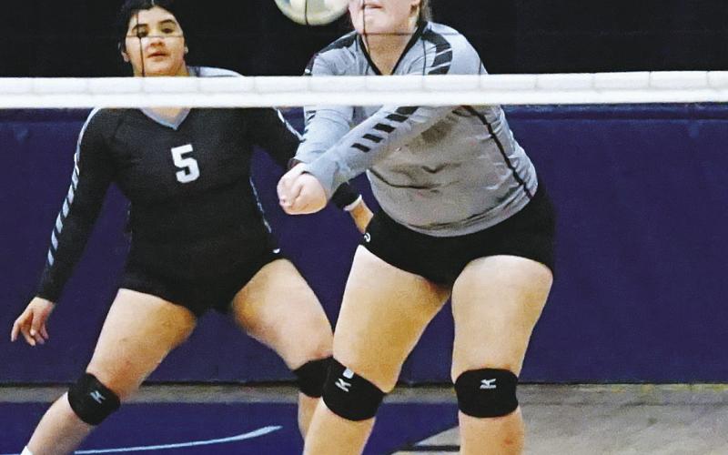 Isabella Douville bumps the ball to a teammate againt the NB Eagles in Pembina Oct 27th. Photo by Larry Stokke.