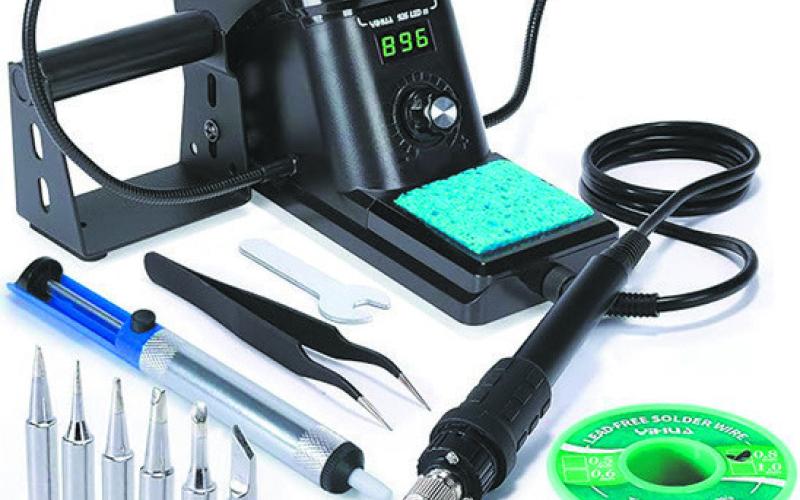12-in-1 – This digital display soldering iron kit includes the YIHUA 926 III Soldering Station, 2 Helping Hands, 6 Soldering Tips, a roll of lead-free solder wire (35g), soldersSucker, ESD safe tweezers, solder wire dispenser, and a cleaning sponge. Manufacturer photo