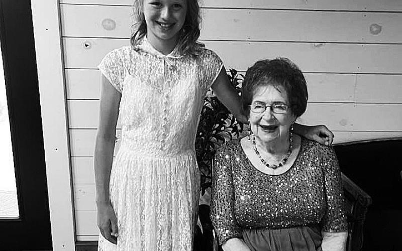Here’s a picture of Jaycie and Joanie Carlson with Jaycie wearing Joanie’s 1950 Wedding Dress.