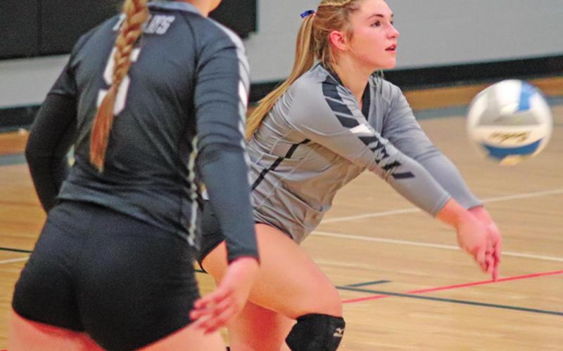 Libero Gwyneth Wieler bumps the ball to the Hatton - Northwood Thunder Tuesday Night in Drayton. VNV Photo by Lesa Van Camp