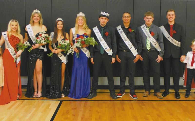 L to R: Princess Ellsie Littlejohn, Junior Attendant Hope Patterson, Queen Candidate Alyvia Quibell, Queen Candidate Taylor Hermanson, Queen Alyssa Hoyles, King Trypp Castillo, King Candidate Jerimiah Johnson, King Candidate Jaxon Wilson, Junior Attendant Maddox Oihus, Prince Mac Vold. Photo by Jamie Rarick