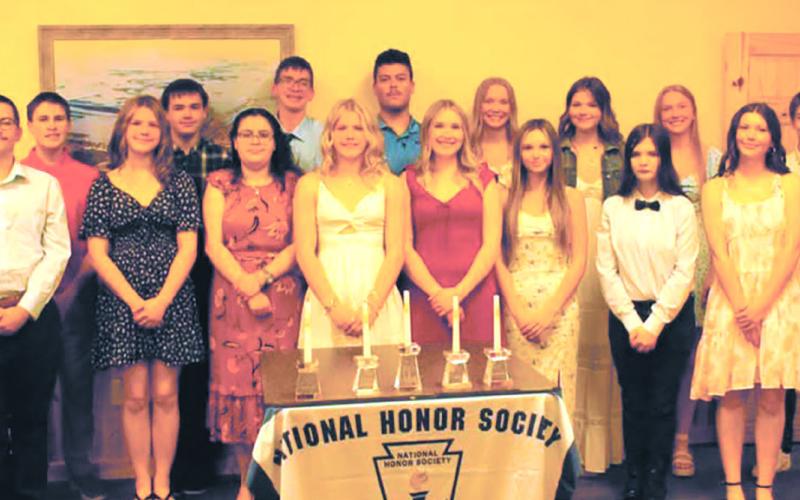 Members of the National Honor Society: (Front L to R) Gunnar Kuznia, Violet Hoyles, Melissa De Souza, Alyssa Hoyles (President-Elect), Rylee Maurstad, Taylor Hermanson, Brooklynne Petersen, Maia Hermanson (Back L to R) Loki Sylskar, Max Foss-Pokrzywinski, Jonah Rarick, Daniel De Souza (Past President), Easton Larson, Alyvia Quibell, Peyton Larson, Carter Johnson (Not Present: Lucas De Souza) Photo by Jamie Rarick