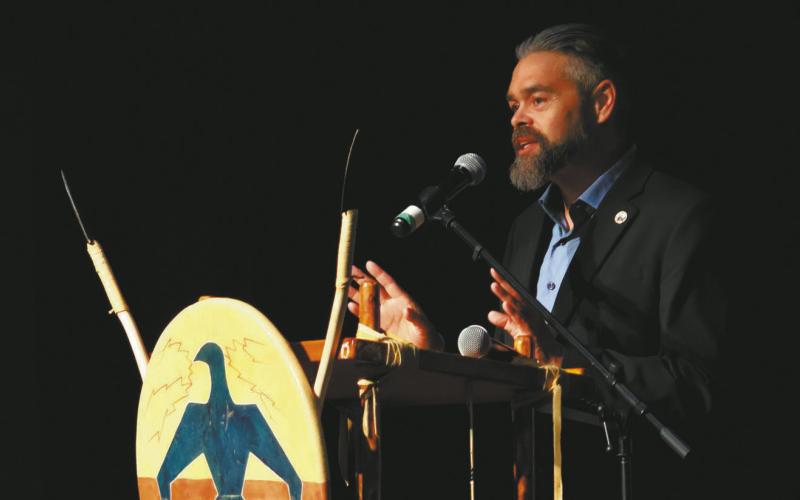 Jamie Azure, chair of the Turtle Mountain Band of Chippewa, spoke during the Tribal Leaders Summit in Bismarck on Sept. 4, 2024. Turtle Mountain, Spirit Lake Nation and three tribal citizens are challenging a ruling in a voting rights case. Photo by Michael Achterling/North Dakota Monitor