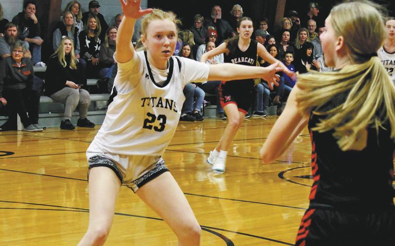 Titan defender Peyton Larson watches for the pass in play against North Star on Feb 7. Photo by Jamie Rarick