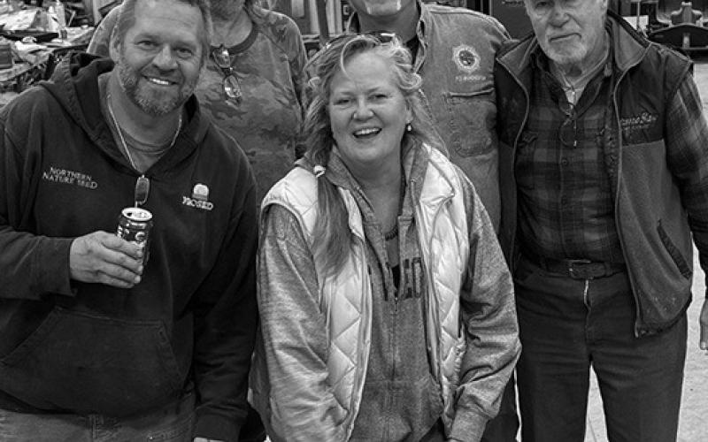 (L-R) Gary Jensen, Bruce Martinson, SuZanne Risberg-Elliott, Mark Elliott, Denny Hill, and their furry companion.