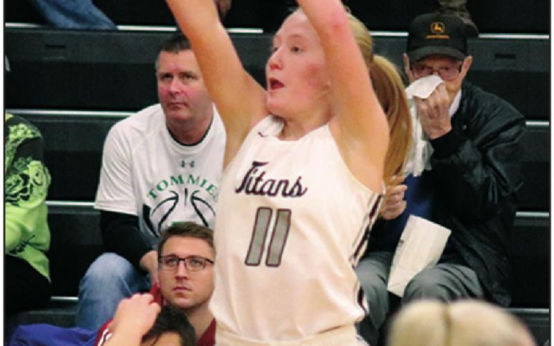 Meghan Lorton puts up a three late in the game against Thompson in Drayton on Monday night. VNV Photo by Lesa Van Camp