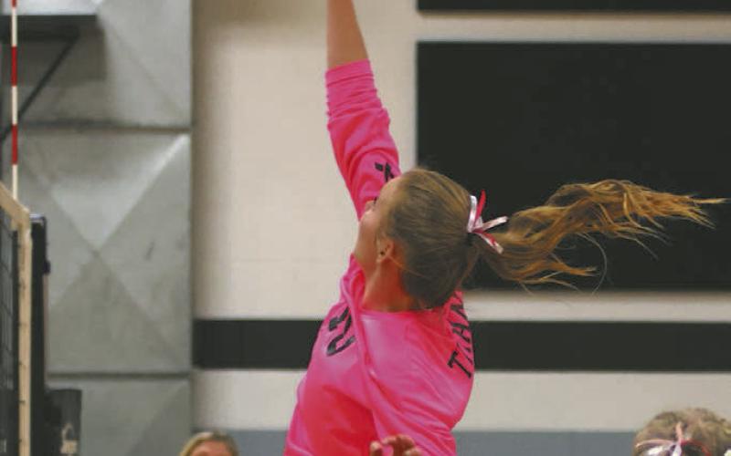 Easton Larson goes for a kill against the Wildcats in Edinburg on Tuesday of last week.