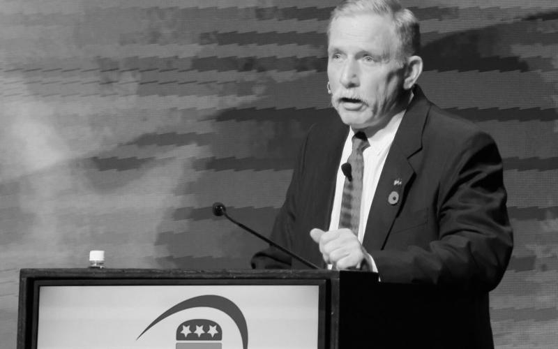 Alex Balazs speaks to delegates at the 2024 North Dakota Republican Party Convention in Fargo on April 6, 2024. He announced a campaign to run again in 2026. (Photo by Michael Achterling North Dakota Monitor)