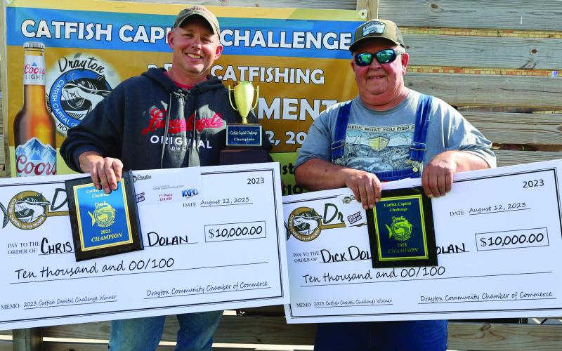 Your 2023 Catfish Capital Challenge winners: Chris and Dick Dolan. This is the second time in a row the father/son duo have won the tournament. Photo by Rob Boll.