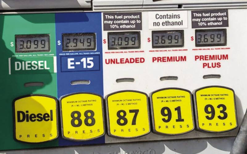 Fuel options at a Sioux Falls, South Dakota, gas station on Aug. 22, 2025. The nationwide average price of a gallon of gas was $4.55 May 22, 2026, up from $3.20 a year ago. The steep increase has turned some lawmakers’ attention alternative fuels like ethanol. (Photo by John Hult/South Dakota Searchlight