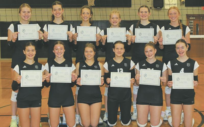 Front L-R Rosalyn Fedje, Tess Sehrt, Brooke Gullickson, Violet Hoyles, Scarlet Dreger, and Jocelyn Vold. Back L-R Reegan Aasand, Elizabeth Fedje, Gianna Hall, Alyssa Hoyles, Ingrid Myrdal, and Peyton Larson. Photo by Bette Nilson.