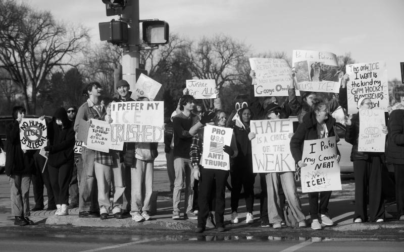 Demonstrators stand in front of the North Dakota Capitol in Bismarck on Jan. 11, 2026, during an ICE Out for Good rally in response to the killing of Renee Good by Immigration and Customs Enforcement agent Jonathan Ross in Minnesota. Photo by Kyle Martin/For the North Dakota Monitor