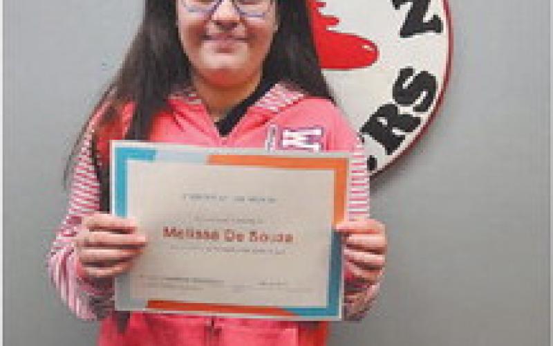 High School- Melissa De Souza, 8th Grade: Melissa is an amazing student who cares very much about her academics as well as those around her. She works hard until she succeeds at any problem that comes her way. Melissa is quick to help out her classmates if they need help with anything. Melissa is an amazing example of dedication.
