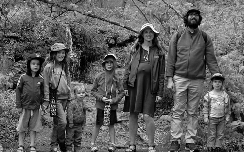 Donald and Tanya Bitzan with their fie children and one on the way were saved by their seatbelts when they went through a roll over accident in their van. NDHHS photo.