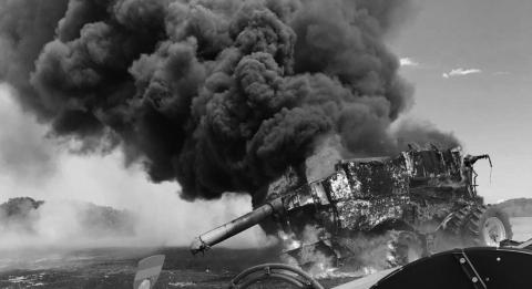 A combine that is not periodically cleaned will have highly combustible material tucked into numerous places ready to become a fuel source for fire. (Photo courtesy of Kindred Fire Department)