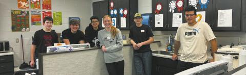FCCLA students along side National Honor Society students served turkey sandwiches, two types of soup, chips, cookies and a drink from the FACS room. From left to right: Loki Sylskar, Ethan Lund, Jerimiah Johnson, Peyton Larson, Ethan Sherrill, and Daniel De Souza Photo by Andrea Johnston
