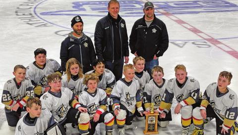 Pictured above Squirt Gold Team: Front Row: (L to R): Kale Tanke, Luke Heidt, Jorgen Olson, Jonathan Presteng, Masyn Osowski, Thomas Aasand, Noah Suda. Middle Row: Chey Sehrt, Cameron Fraser, Finn ley Allen, Brody Suda, Garret Thompson. Back Row: Asst Coach Matt Olson, Asst Coach Mark Presteng, Head Coach Andy Allen. Photo submitted