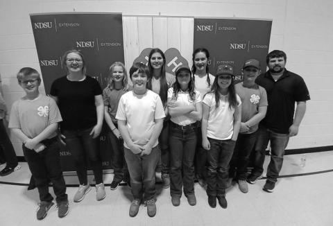 – Pembina County Agronomy Team Front Row l to r: Levi Norrell, Oscar Hunter, Olive Moore, Chloe Hunter. Back Row l to r: Coach Shana Norrell, Stella Norrell, Anja Schluchter, Naomi Stegman, Rylan Moore and Coach Brandon Breckheimer.. Submitted photo