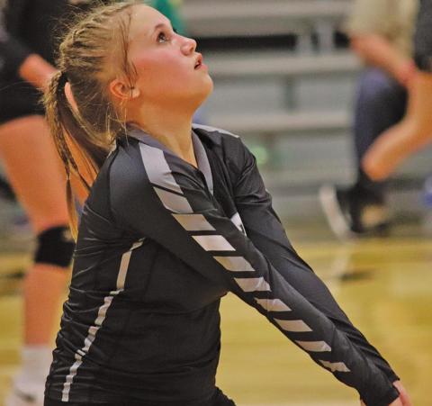 Claire Thompson keeps her eye on the ball as she prepares to bump it Monday night against the Wildcats. VNV photo by Lesa Van Camp