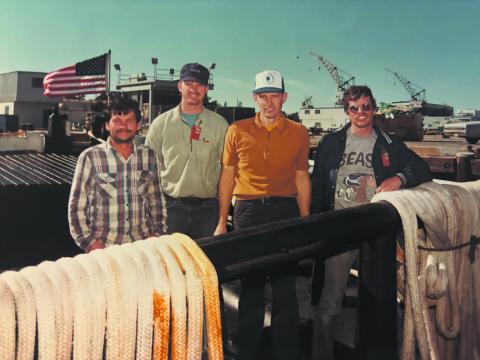 Clint with some of the crew members aboard the Pacific Escort in February 1985. The tugboat was berthed at Mare Island Naval Shipyard, Vallejo CA. Submitted photo