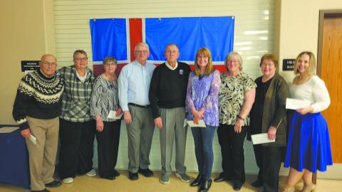 Representatives accepting Heritage Site grants: L-R John H. Johnson (Gardar Pioneer church), Michelle Murray (Svold Hall), Karen Kristjanson (Thingvalla Cemetery), Kayo Vivatson (Vidalin), Gerald Christianson (Borg Memorial Home), Sharon Laxdal (Gardar Lutheran), Karen Langerud (Gardar Township Hall), Barb Mahar (NENDHA for Akra Hall) and Dori Heck (Vikur LCW).