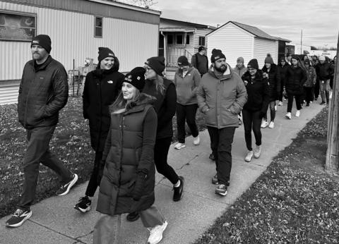 Members of the Bismarck community participate in a “Walk a Mile in My Shoes” event on Nov. 18, tracing a route many homeless people take during the daytime when no shelters are open in the capitol. The event was put on by the Missouri Slope Areawide United Way. Photo, Michael Standaert.