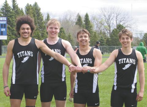 Regional Champions of the Men's 4x100 Relay: Mason Pollestad, Carter Oberg, Trenten Keena, and Carter Johnson. Photo by Jamie Rarick