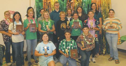 Front: (L-R) Aubrey Steele, Oscar Hunter, Colt Creau; middle row: Chloe Hunter, Stella Norrell, Bailey Samuelson, Kyle Johnson, Adlee Hay, Mallory Latozke, Astrid Helmeke; back row: Madalynn Steele, Naomi Stegman, Charles Midkiff, Chaz Halverson, Emersen Helgoe, Mylee Gapp, and Caroline Stegman.