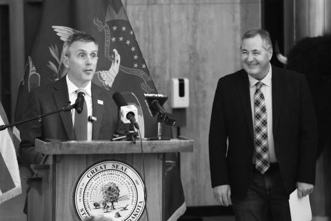 Gov. Kelly Armstrong, left, announces the Governor’s Legacy Soil Health and Habitat Program on Jan. 29, 2026, with Agriculture Commissioner Doug Goehring. (Photo by Jacob Orledge/North Dakota Monitor)