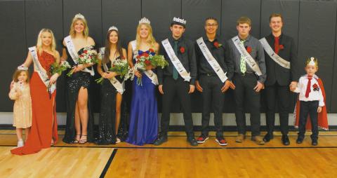 L to R: Princess Ellsie Littlejohn, Junior Attendant Hope Patterson, Queen Candidate Alyvia Quibell, Queen Candidate Taylor Hermanson, Queen Alyssa Hoyles, King Trypp Castillo, King Candidate Jerimiah Johnson, King Candidate Jaxon Wilson, Junior Attendant Maddox Oihus, Prince Mac Vold. Photo by Jamie Rarick