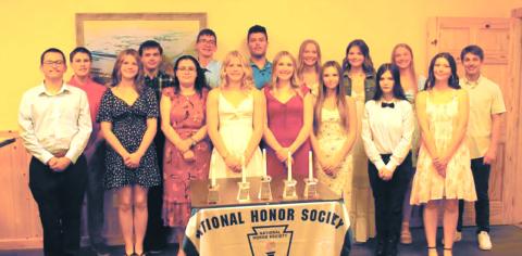 Members of the National Honor Society: (Front L to R) Gunnar Kuznia, Violet Hoyles, Melissa De Souza, Alyssa Hoyles (President-Elect), Rylee Maurstad, Taylor Hermanson, Brooklynne Petersen, Maia Hermanson (Back L to R) Loki Sylskar, Max Foss-Pokrzywinski, Jonah Rarick, Daniel De Souza (Past President), Easton Larson, Alyvia Quibell, Peyton Larson, Carter Johnson (Not Present: Lucas De Souza) Photo by Jamie Rarick